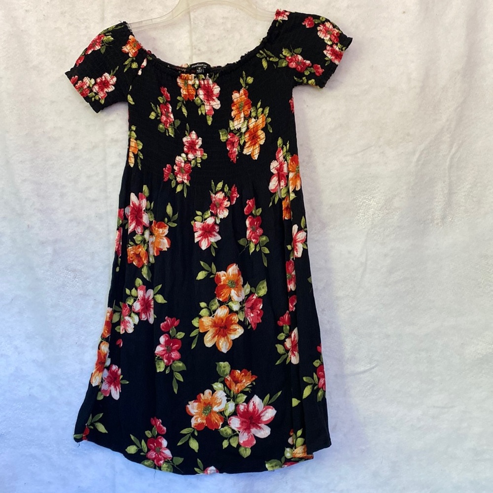 Ambiance Black Floral Print Mini Dress Peasant Gypsy Off Shoulder Tunic Size S